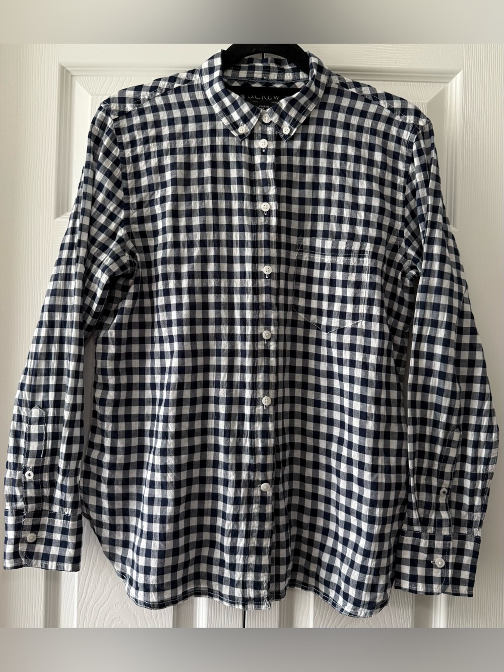 J. Crew Classic Blue White Gingham Button Down Shirt Size 10 Cotton Stretch